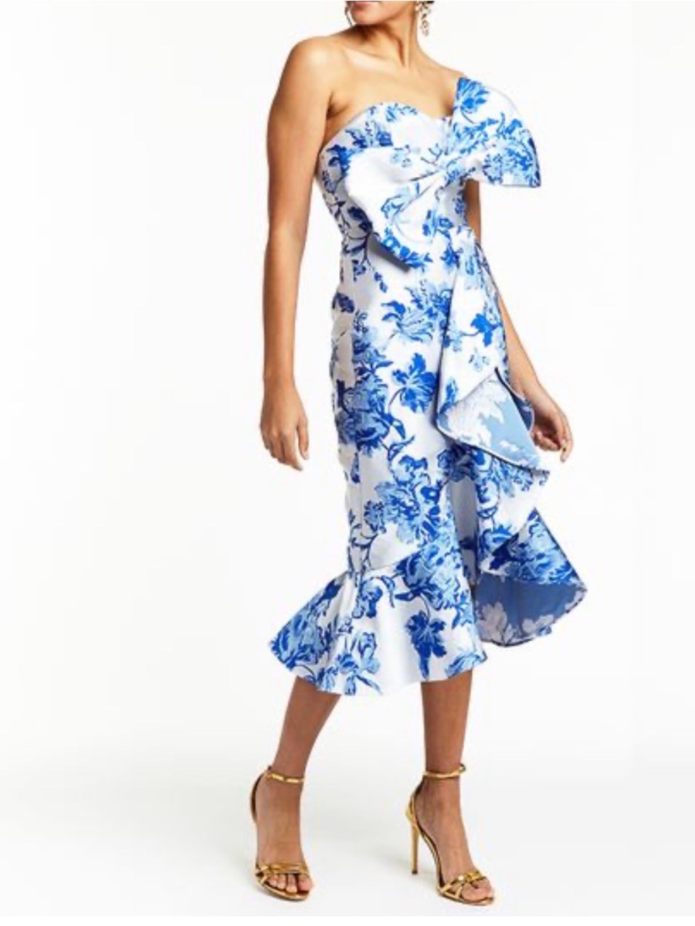 Mestiza Strapless Blue & White Floral Ruffle Midi Dress